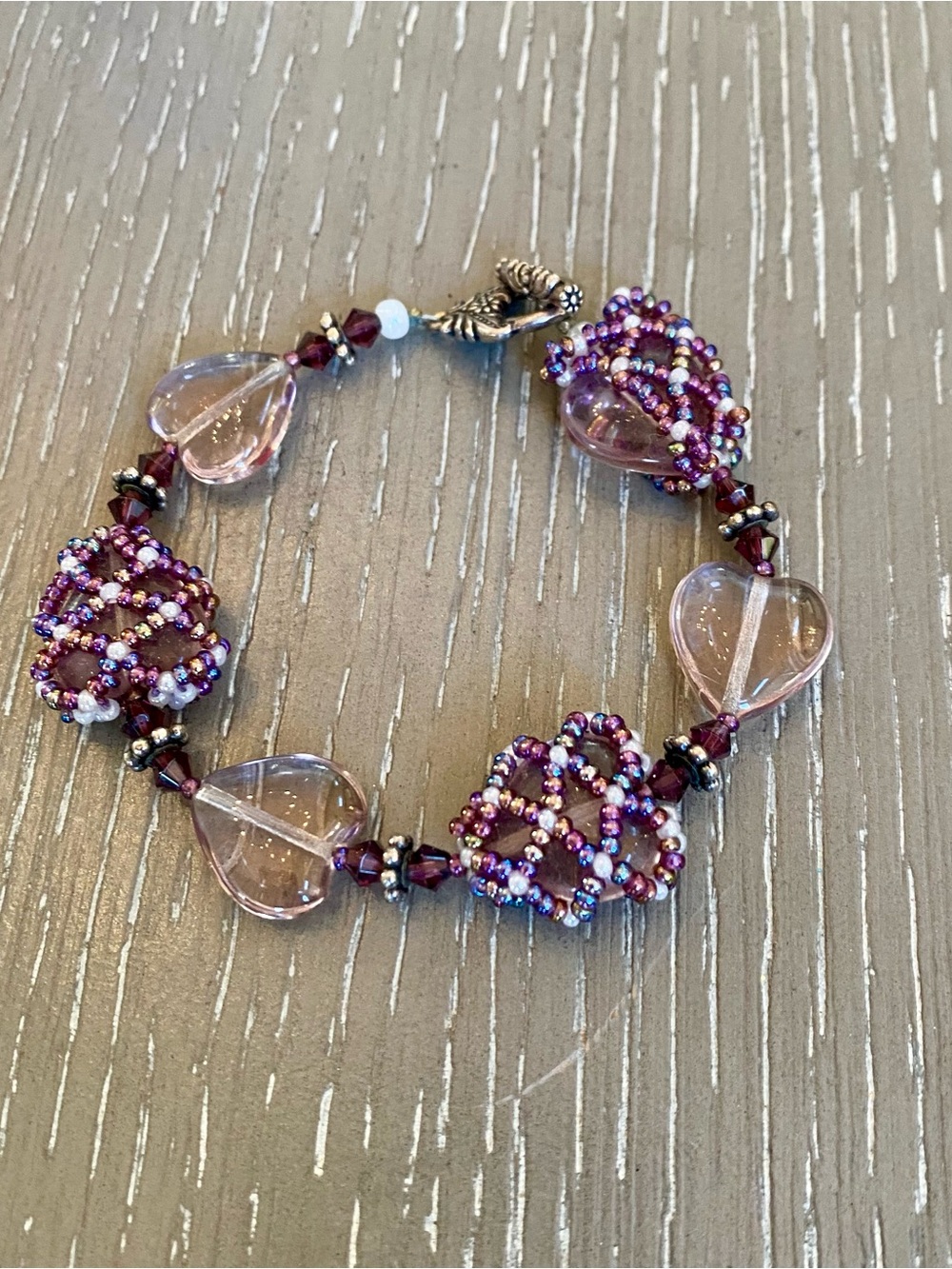Handmade Artisan Bracelet With Purple Seed Netting And Glass  Purple Heart